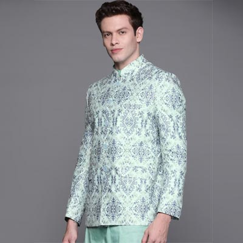 Men Sea Green & Navy Blue Cotton Ethnic Motifs Printed Printed Bandhgala Blazer