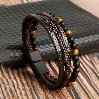 Men Brown & Yellow Leather Wraparound Bracelet