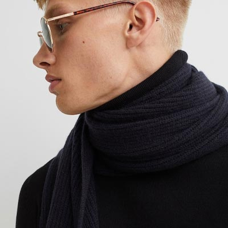 Men Blue Ribbed Cashmere Scarf