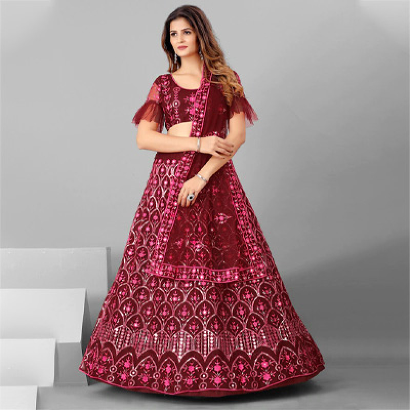 Maroon Embellished Sequinned Semi-Stitched Lehenga & Unstitched Blouse With Dupatta