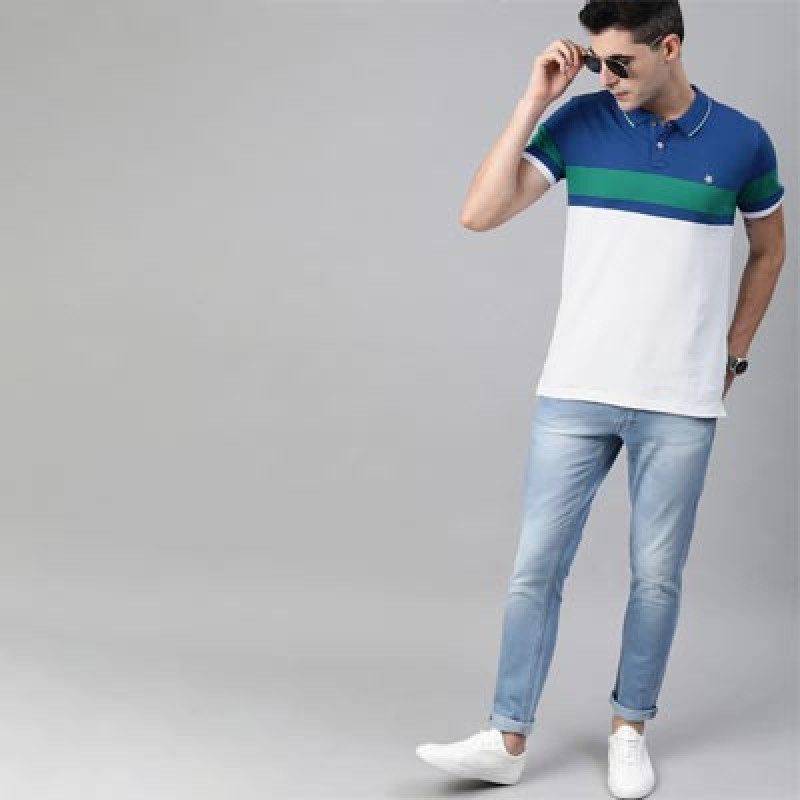 Men White Blue Slim Fit Colourblocked Polo Collar Pure Cotton T-shirt