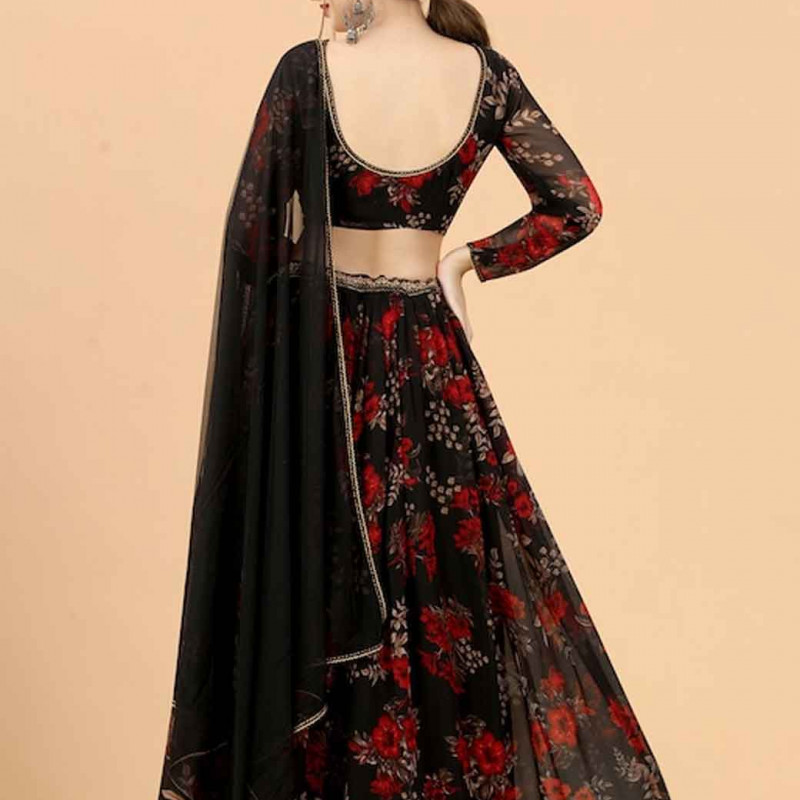 Black & Red Printed Ready to Wear Lehenga & Blouse With Dupatta