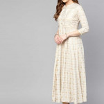 Off-White & Golden Ethnic Foil Print Panelled Anarkali Kurta