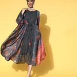 Women Charcoal Muslin Striped & Printed Kaftan Dress