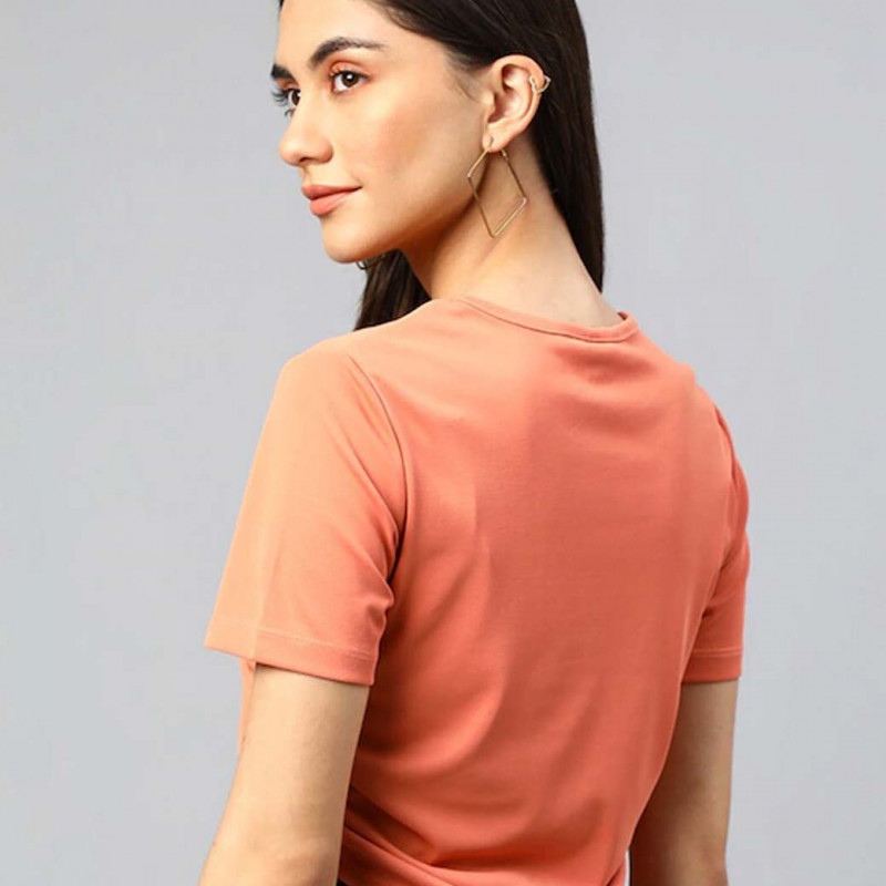 Peach Solid Round Neck Crop Side Tie Ups Top